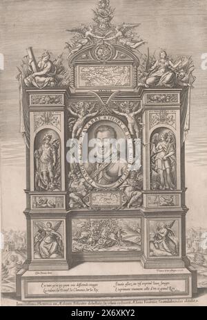 Monument à Henri IV, roi de France et de Navarre, Monument à Henri IV, roi de France et de Navarre, avec son portrait au centre dans un ovale, flanqué de mars et de la renommée en niches. Au sommet des personnifications du pouvoir et de la justice. La bataille d'Ivry est montrée en bas., estampe, imprimeur : Thomas de Leu, (mentionné sur l'objet), d'après dessin de : Isaïe Fournier, (mentionné sur l'objet), Hendrik IV (koning van Frankrijk en Navarra), (mentionné sur l'objet), France, 1596, papier, gravure, hauteur, 430 mm × largeur, 289 mm Banque D'Images