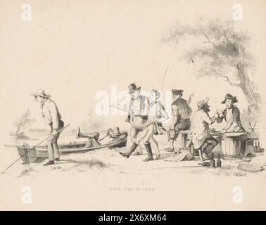 Pêcheurs et buveurs, Une partie de pêche (titre sur objet), à gauche un pêcheur est debout sur la rive et un homme dort dans un bateau. Deux pêcheurs approchent. Derrière eux, deux buveurs assis à la table et un homme marche avec une bouilloire., impression, imprimeur : Alexander Ver Huell, après conception par : Alexander Ver Huell, pays-Bas, 1832 - 1897, papier, hauteur, 229 mm × largeur, 262 mm Banque D'Images