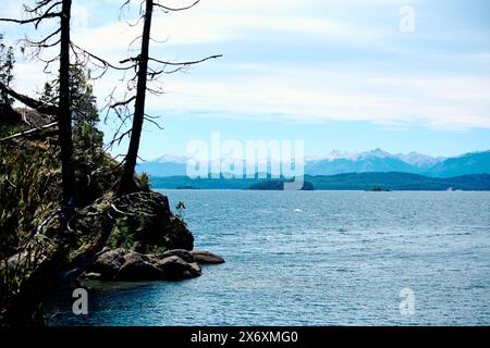 Arbres solitaires sur une falaise rocheuse avec pour toile de fond un lac et des sommets montagneux à l'horizon, parc national de Bariloche Banque D'Images