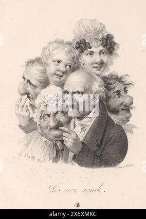 Caricature de six figures à grand nez rond, les nez ronds (titre sur objet), visages à grimace (titre de la série), Recueil de grimaces (titre de la série), estampe, imprimeur : Louis-Léopold Boilly, (mentionné sur objet), imprimeur : François Séraphin Delpech, (mentionné sur objet), Paris, 1827, papier, hauteur, 367 mm × largeur, 267 mm Banque D'Images