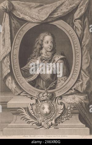 Portrait de Louis XV, roi de France, Ludovicus XV Rex christianissimus (titre sur objet), estampe, imprimeur : Nicolas de Larmessin (III), (mentionné sur objet), après peinture par : Hyacinthe Rigaud, (mentionné sur objet), éditeur : Jean François Cars, (mentionné sur objet), Paris, v. 1720, papier, gravure, gravure, hauteur, 350 mm × largeur, 239 mm Banque D'Images