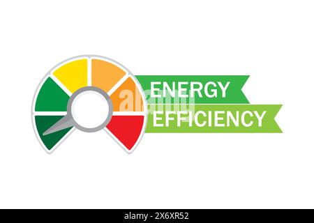 Compteur d'efficacité énergétique. Vecteur de jauge coloré. Texte de la bannière verte. Illustration de fond blanc. Illustration de Vecteur