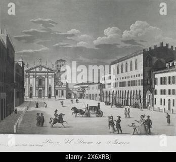 Piazza Sordello à Mantoue, Piazza del Duomo à Mantoue (titre sur objet), vue de la Piazza Sordello à Mantoue. A gauche la façade de la cathédrale, à droite le Palazzo del Capitano. Plusieurs figures dans le carré., imprimeur, imprimeur : Giacinto Maina, après dessin par : Filippo Luigi Montini, (mentionné sur l'objet), imprimeur : Giosafatte e Fratelli Negretti, (mentionné sur l'objet), imprimeur : Italie, après dessin par : Italie, imprimeur : Mantoue, 1810 - 1845, papier, gravure, hauteur, 386 mm × largeur, 469 mm Banque D'Images