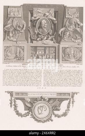 Portrait allégorique de Voltaire, portraits de personnages historiques français (titre de la série), les illustres français, ou tableaux historiques des grands hommes de la France (titre de la série), estampe, imprimeur : Nicolas Ponce, (mentionné sur l'objet), après dessin par : Clément Pierre Marillier, (mentionné sur l'objet), éditeur : Nicolas Ponce, (mentionné sur l'objet), éditeur : Paris, France, 1790 - 1816, papier, gravure, gravure, hauteur, 337 mm × largeur, 230 mm Banque D'Images