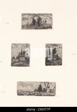 Quatre paysages, quatre scènes sur une page : paysage avec des arbres ; petite église ; Maison avec deux grands arbres ; Moulin sur l'eau., impression, imprimeur : Arnoud Schaepkens, 1855 - 1904, papier, gravure, pointe sèche, hauteur, 345 mm × largeur, 312 mm Banque D'Images