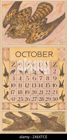 Feuille de calendrier octobre avec la kestrel, calendrier 1915 12 lithographies par th. v. Hoytema (titre de la série), dans les coins les phases de la lune sur quatre jours. Une ligne de déchirure en haut de la feuille., imprimeur : Theo van Hoytema, (mentionné sur l'objet), imprimeur : Tresling & Comp., (mentionné sur l'objet), éditeur : Allart de Lange, imprimeur : la Haye, imprimeur : Amsterdam, éditeur : Amsterdam, éditeur : Amsterdam, 1914, papier, hauteur, 420 mm × largeur, 210 mm Banque D'Images