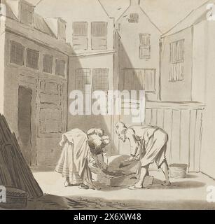 Abattage de cochons, dans une cour un homme et une femme abattent un cochon. L'estampe est lâche dans un album, voir page 41., estampe, imprimeur : Bernhard Schreuder, après dessin par : Jan Saenredam, (mentionné sur l'objet), Cornelis Ploos van Amstel, (signé par l'artiste), Amsterdam, 1778 - 1787, papier, gravure, hauteur, 157 mm × largeur, 159 mm Banque D'Images