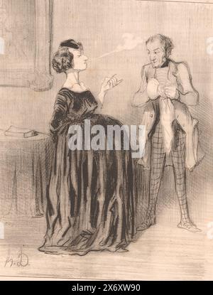 Caricature d'une femme enceinte avec son mari, dis donc... mon mari (...) (titre sur objet), les femmes pédantes (titre de la série), les Bas-bleus (titre de la série sur objet), en fumant une cigarette la femme dit à son mari, qui polit ou sèche un objet avec un chiffon, quels noms elle a en tête pour son livre et pour son enfant. Cependant, elle ne décidera de rien avant de consulter son employé., imprimeur : Honoré Daumier, (mentionné sur l'objet), imprimeur : Aubert & Cie., (mentionné sur l'objet), éditeur : Aubert & Cie., (mentionné sur l'objet), Paris, 1844, papier, hauteur, 363 mm × largeur, 242 Banque D'Images