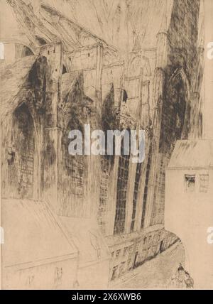 Vue de la façade latérale de l'église Nicolas à Gand, Eglise préparée Nicolas Gand (titre sur objet), Rue du chapeau Rouge a Gand, estampe, imprimeur : Jules de Bruycker, (signé par artiste), Belgique, 1928, papier, gravure, point sec, hauteur, 512 mm × largeur, 378 mm Banque D'Images
