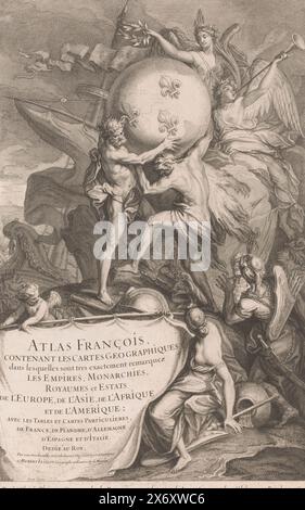 Hercules place un globe sur les épaules d'Atlas, page de titre pour : Hubert Jaillot, Atlas François, contenant les cartes géographiques dans lequelles sont tres exactement remarquez les Empires, monarchies, Royaumes et Estats de l'Europe, de l'Asie, de l'Afrique et de l'Amerique (...), 1695., Allegory of the Glory of France. Hercule place un globe avec trois fleurs de lis sur les épaules d'Atlas. À leur droite se trouvent des personnifications de l'Asie, de l'Afrique et de l'Amérique. En haut à droite, Victoria tient une couronne de laurier au-dessus de la paire et Fama souffle une trompette. Un navire peut être vu sur la gauche. Un putto et un Banque D'Images