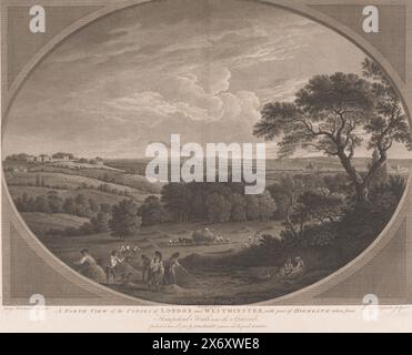 Vue de Londres, vue de Hampstead Heath, Une vue du nord des villes de Londres et Westminster, avec une partie de Highgate prise de Hampstead Heath, près des Espagnols (titre sur l'objet), estampe, imprimeur : Daniel Lerpinière, (mentionné sur l'objet), après dessin de : George Robertson, (mentionné sur l'objet), éditeur: John Boydell, (mentionné sur l'objet), Londres, 10-Jun-1780, papier, gravure, gravure, hauteur, 481 mm × largeur, 605 mm Banque D'Images