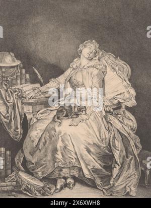 Femme endormie avec chien sur ses genoux, la philosophie endormie, femme en robe de maison, dormant dans une chaise, une main reposant sur un livre ouvert sur la table à côté d'elle. Sur la table se trouve un globe, une pile de livres et une plume d'écriture. Les livres reposent sur le sol à ses pieds et un chien repose sur ses genoux., estampe, graveur : Jean Michel Moreau, après peinture par : Jean-Baptiste Greuze, 1751 - 1814, papier, gravure, hauteur, 409 mm × largeur, 310 mm Banque D'Images