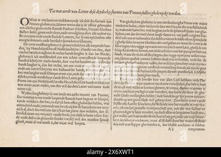 Utilisation de trois types de stylos à roseaux, Tot Wat aerdt van letter dese dryderley types de stylos sullen ghebruyct (titre sur l'objet), Spieghel der rijkonste (titre de la série), Folio A2R. Feuille de texte décrivant l'utilisation de trois types de stylos à roseaux. Le texte commence par une petite initiale O. la feuille de texte fait partie d'un album., feuille de texte, Jan van de Velde (I), éditeur : Cornelis Claesz., Amsterdam, 1608, papier, typographie, hauteur, 260 mm × largeur, 370 mm Banque D'Images