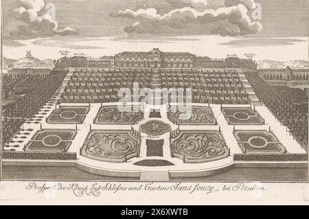 Vue sur le palais de Sanssouci et ses jardins, Prospect des Königl. Lust Schloss und Gartens Sanssoucy, BEI Potsdam (titre sur objet), numéroté en haut à droite : 38., estampe, imprimeur : anonyme, éditeur : Johann David Schleuen (I), 1747 - 1774, papier, gravure, hauteur, 215 mm × largeur, 327 mm Banque D'Images