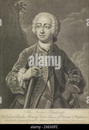 Portrait de Guillaume IV, Prince d'Orange-Nassau, Portrait de Guillaume IV dans sa main droite un état-major de commandement. Dans la marge inférieure, le nom et les titres sont en anglais., imprimé, imprimeur : Gerhard Bockman, (mentionné sur l'objet), d'après son propre design par : Gerhard Bockman, (mentionné sur l'objet), éditeur : Henry Overton (II), (mentionné sur l'objet), imprimeur : Angleterre, éditeur : Londres, 1747, papier, hauteur, 360 mm × largeur, 256 mm Banque D'Images