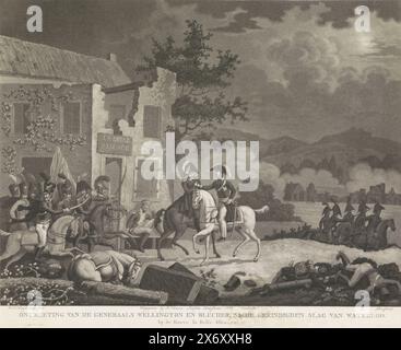 Rencontre entre Wellington et Blücher après la bataille de Waterloo, 1815, rencontre des généraux Wellington et Blucher, après la bataille de Waterloo. À la ferme ; la belle Alliance (titre sur objet), première série de quatre planches des batailles de quatre-bras et Waterloo (titre de la série), rencontre entre les commandants en chef le duc de Wellington et le prince Blücher, dans la soirée suivant la bataille de Waterloo le 18 juin 1815, en face de la ferme la belle Alliance. Hussards prussiens à gauche., estampe, imprimeur : Willem Hendrik Hoogkamer, (mentionné sur l'objet), éditeur : J. Numan, ( Banque D'Images