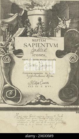 Tirage du titre pour la série de tirages les sept Sages de Grèce, les sept Sages de Grèce (titre de la série), Un texte latin sur une assiette qui se dresse contre une table sur laquelle se dresse un grand pot (?) sur laquelle un feu brûle. Un âne ou un cheval de chaque côté du feu. Autour du pot sont des livres, un sablier, des ustensiles d'écriture, etc sur la table. Sous la scène se trouve un texte latin de cinq lignes. Cette estampe fait partie d'une série de huit estampes : une estampe titre et sept portraits numérotés de sages grecs., estampe, imprimeur : Jacques de Gheyn (III), (mentionné sur l'objet), éditeur : Nicolaes de Clerck, (mentionné sur Banque D'Images