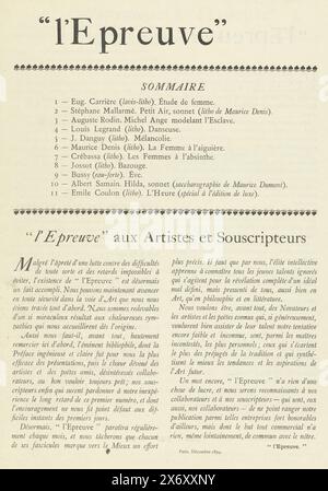 Magazine L'Epreuve, le magazine L'Epreuve paru mensuellement de décembre 1894 à décembre 1895 et axé sur l'art et la littérature. Le magazine était accompagné d'un album avec onze tirages originaux d'artistes bien connus, ceux-ci sont mentionnés en première page. Dans cette première édition de décembre 1894, une grande attention est portée à la justification de cette nouvelle revue., imprimé, éditeur : L'épreuve, (mentionné sur l'objet), imprimeur : P. Lemaire, (mentionné sur l'objet), Paris, 1894, papier, hauteur, 378 mm × largeur, 282 mm Banque D'Images