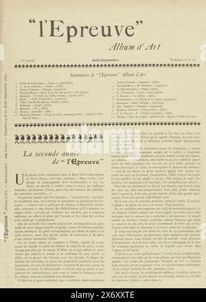 Magazine L'Epreuve, le magazine L'Epreuve paru mensuellement de décembre 1894 à décembre 1895 et axé sur l'art et la littérature. Dans ce cas, deux éditions ont été incluses dans un numéro, les neuvième et dixième éditions d'août et septembre 1895 respectivement. Le magazine a publié un album avec dix tirages originaux d'artistes bien connus pour chaque numéro. La première page de ce double numéro contient deux listes de noms de dix artistes et leurs contributions, ainsi qu'une impression supplémentaire pour l'édition deluxe. Le magazine discute en détail du prochain deuxième volume de 1896, qui n'a jamais décollé Banque D'Images