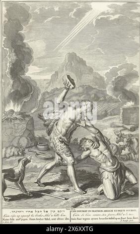 Caïn tue Abel, Caïn est sur le point de tuer Abel avec une grosse pierre qu'il tient dans sa main. Deux autels sacrificiels peuvent être vus en arrière-plan. A droite, l`offrande de Caïn et à gauche, l`agneau sacrificiel d`Abel. La permission de Dieu pour le sacrifice d'Abel est symbolisée par les rayons du soleil pointant vers la gauche. Avec une légende en six langues., estampe, imprimeur : Jacobus Baptist, (mentionné sur l'objet), après dessin par : Gerard Hoet (I), (mentionné sur l'objet), Amsterdam, 1693 - 1704 et/ou 1720 - 1728, papier, gravure, gravure, hauteur, 353 mm × largeur, 223 mm Banque D'Images