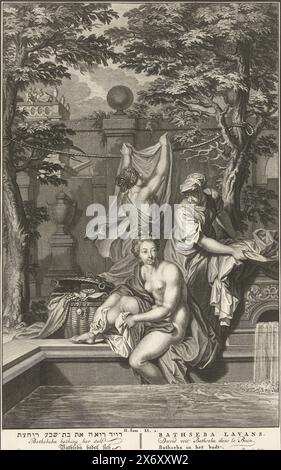 Bathsheba prend un bain, Bathsheba dans le bain (titre sur l'objet), Bathsheba prend un bain dans le jardin du palais du roi David. Deux femmes de ménage l'aident. L'un lui tend une serviette, l'autre accroche un chiffon à la ligne de lavage. David regarde la scène depuis son balcon., estampe, imprimeur : Balthasar Bernards, (mentionné sur l'objet), après dessin par : Bernard Picart, (mentionné sur l'objet), Amsterdam, c. 1711 - c. 1720, papier, gravure, gravure, hauteur, 353 mm × largeur, 218 mm Banque D'Images