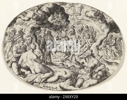 Fête des dieux et mariage de Peleus et Thetis, estampe, imprimeur : Jacques de Gheyn (II), (mentionné sur l'objet), d'après son propre dessin par : Jacques de Gheyn (II), pays-Bas, 1597, papier, gravure, hauteur, 42 mm × largeur, 64 mm Banque D'Images