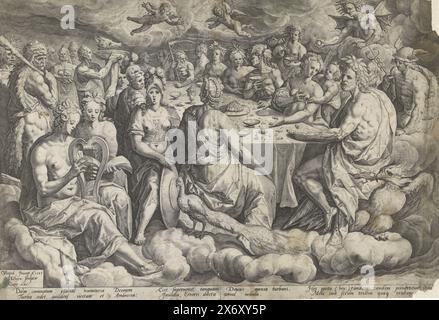 Banquet des dieux lors du mariage de Pélée et Thétis, au milieu des nuages, des figures de dieux profitent du repas à une longue table. A la tête, au premier plan, se trouvent Jupiter et Junon, reconnaissables à l'aigle avec les éclairs et le paon respectivement. Dans le bon fond, Eris, la déesse de la torsion, offre la pomme dorée aux invités. En dessous de la scène six lignes de texte latin., estampe, imprimeur : Jacques de Gheyn (II), (mentionné sur l'objet), d'après conception par : Chrispijn van den Broeck, (mentionné sur l'objet), Heyman Jacobi, (mentionné sur l'objet), imprimeur : pays-Bas Banque D'Images