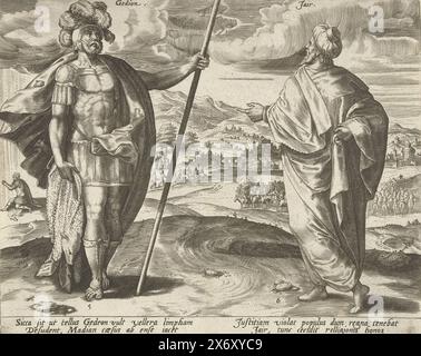 Gédéon et Jaïr, les douze juges d'Israël (titre de la série), au premier plan les cinquième et sixième juges d'Israël : Gédéon et Jaïr. En arrière-plan deux histoires de leur temps. Dans le fond de gauche, Gideon sur la peau d'un bélier prie Dieu pour un signe. Dans le fond à droite se trouvent les trente fils de Jair, chevauchant des ânes. L'estampe a une légende latine., estampe, imprimeur : Hans Collaert (I), après conception par : Jan Snellinck (I), éditeur : Gerard de Jode, Anvers, 1585, papier, gravure, hauteur, 209 mm × largeur, 260 mm Banque D'Images