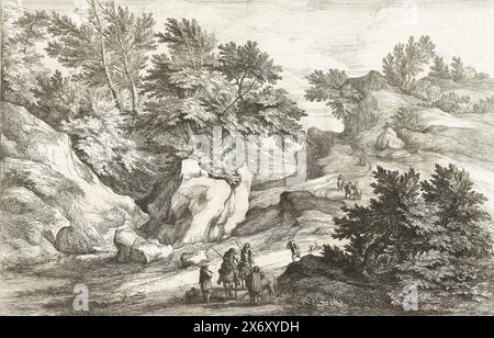 Paysage avec deux coureurs demandant des directions, paysage Hilly avec des voyageurs. Deux cavaliers demandent des directions à un couple de chasseurs., impression, imprimeur : Adriaen Frans Boudewyns, (mentionné sur l'objet), après conception par : Adam Frans van der Meulen, (mentionné sur l'objet), éditeur : Adam Frans van der Meulen, (mentionné sur l'objet), Paris, 1666 - 1674, papier, gravure, hauteur, 257 mm × largeur, 382 mm Banque D'Images