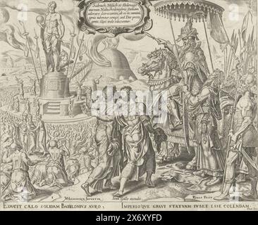 Nebucadnetsar accuse Shadrach, Meshach et Abednego, histoire de Shadrach, Meshach et Abednego (titre de la série), le roi Nebucadnetsar accuse les Juifs de Shadrach, Meshach et Abednego de ne pas honorer les dieux païens. Sur la gauche, une statue dorée d'une divinité et une foule de personnes adorant la statue. En arrière-plan un four brûlant. Quiconque refuse d'adorer l'image est jeté dans le four., imprimeur, imprimeur : Philips Galle, (mentionné sur l'objet), après conception par : Maarten van Heemskerck, (mentionné sur l'objet), éditeur : Joannes Galle, (mentionné sur l'objet), imprimeur : Haarlem Banque D'Images