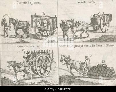 Quatre modèles de chariots, Racolta di varii segreti come si vedono nelle segventi figure (titre de la série), quatre chariots différents tirés par un cheval. En haut à gauche chariot utilisé pour transporter du sable. En haut à droite un vieux chariot. En bas à gauche un chariot sur lequel les fûts de vin sont transportés. En bas à droite un traîneau hollandais, sur lequel sont transportés des tonneaux de bière., imprimeur, imprimeur : anonyme, après conception par : Cornelis Meijer, (mentionné sur l'objet), éditeur : Giovanni Giacomo Komarek, (éventuellement), Rome, 1696, papier, gravure, hauteur, 168 mm × largeur, 226 mm Banque D'Images