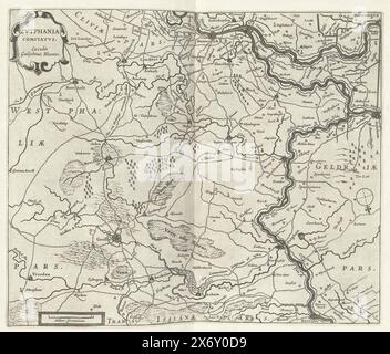 Comté de Zutphen, 1627, Zutphania Comitatus (titre sur objet), carte du comté de Zutphen, 1627. En bas à gauche l'échelle, en haut à gauche un cartouche avec le titre, tout en latin. Partie des planches accompagnant le rapport du siège et de la conquête de Grol par l'armée d'État sous Frederik Hendrik, du 6 juillet au 19 août 1627., imprimé, imprimeur : anonyme, éditeur : Willem Janszoon Blaeu, (mentionné sur l'objet), imprimeur : Nord des pays-Bas, éditeur : Amsterdam, 1627 - 1629, papier, gravure, hauteur, 222 mm × largeur, 266 mm Banque D'Images