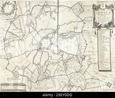 Siège de Grol, 1627, Grolla obsessa et expugnata ab Illustrissimo Friderico Henrico (titre sur l'objet), carte du siège de Groenlo, 1627. Au centre de la ville de Groenlo, entourant les quartiers des troupes assiégeantes. En haut à gauche un encart avec une carte de la ville, en bas à gauche l'échelle. En haut à droite un cartouche avec le titre et la légende A-O et 1-18 en latin. Inscriptions dans les représentations en français et en néerlandais. Partie des plaques accompagnant le rapport du siège et de la conquête de Grol par l'armée d'État sous Frederik Hendrik, du 6 juillet au 19 août 1627., imprimerie, imprimerie : anonyme Banque D'Images