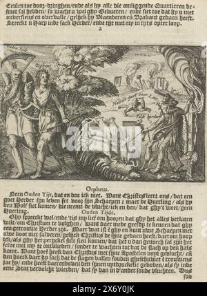 Le vieux temps montre Orphée l'abus par les faux bergers, 1625, le vieux temps montre Orphée l'abus par les faux bergers, les loups en vêtements de mouton qui volent et abattent les moutons. À droite, parmi les moutons, un loup habillé en berger avec un couvre-chef jésuite, avec des brûlures hérétiques en arrière-plan., estampe, imprimeur : anonyme, pays-Bas du Nord, 1625, papier, gravure, typographie, hauteur, 85 mm × largeur, 130 mm, hauteur, 185 mm × largeur, 135 mm Banque D'Images