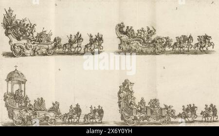 Quatre chars, numérotés 1-4, 1749, quatre chars ou chars triomphaux avec des figures allégoriques dans le défilé lors de la célébration le 3 mai 1749 du 600e anniversaire de la procession du Saint-sang dans la ville de Bruges. Feuille A avec les voitures numérotées de 1 à 4. Découper la feuille et la coller dessus., impression, imprimeur : Bernard Verschoot, (mentionné sur l'objet), Sud des pays-Bas, 1749, papier, gravure, hauteur, 176 mm × largeur, 300 mm Banque D'Images