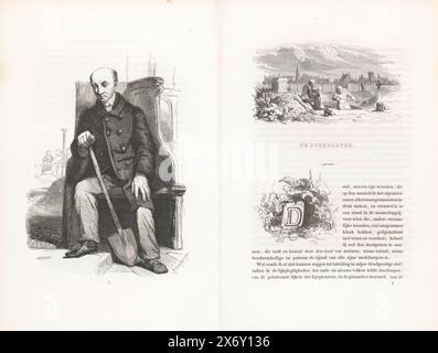 Le fossoyeur, 1840-1841, le fossoyeur. Homme assis avec bêche. Numéroté : 8. Illustration dans le livre 'les pays-Bas : croquis de personnages, costumes, posture et apparence de différentes classes', un livre avec croquis de personnages, professions et costumes de types folkloriques hollandais de 1841., impression, imprimeur : Henry Brown, (mentionné sur l'objet), après dessin par : Reinier Craeyvanger, (mentionné sur l'objet), éditeur: Nederlandsche Maatschappij van Schoone Kunsten, imprimeur : pays-Bas, après dessin : pays-Bas, éditeur : la Haye, 1841, papier, typographie, gravure sur bois Banque D'Images