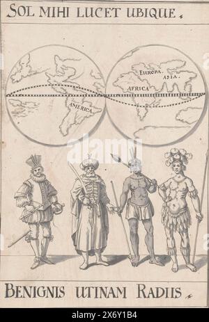 Emblème allégorique à la paix de Rijswijk, 1697, emblème avec des cartes des deux hémisphères du monde. Ci-dessous se trouvent quatre chiffres qui symbolisent les quatre continents : l'Europe, l'Asie, l'Afrique et l'Amérique. Inscription : sol mihi lucet ubique, Benignis utinam radiis. Conception d'une décoration pour la célébration de la paix de Rijswijk en 1697., dessin, dessinateur : anonyme, Nord des pays-Bas, 1697, papier, hauteur, 295 mm × largeur, 205 mm Banque D'Images