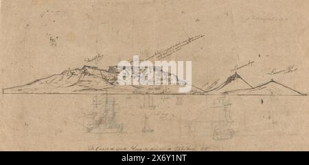 Vue du Cap de bonne espérance depuis table Bay, vue côtière depuis table Bay du Cap avec Devil's Peak et table Mountain. Au premier plan des navires sur la route. Inscription au stylo. Verso études du même paysage., dessin, dessinateur : Jan Brandes, Kaapstad, 1787, papier, stylo, hauteur, 234 mm × largeur, 456 mm Banque D'Images