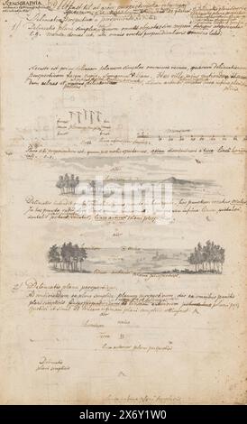 Scénographie ou théorie de la perspective, traité manuscrit écrit sur deux pages pliées illustrées de dessins à la plume et au pinceau, sur la théorie de la perspective. À un livre existant. Le texte est en latin avec des notes néerlandaises et suédoises., dessin, dessinateur : Jan Brandes, Skälsebo, 1787 - 1808, papier, stylo, pinceau, hauteur, 332 mm × largeur, 200 mm Banque D'Images