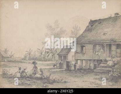 Maison simple avec des chiffres, à droite une maison simple avec une sous-structure en pierre et une superstructure en bois. Une femme se tient sur la véranda et une femme est assise sur les marches de pierre de la maison. Près de la maison, il y a des tonneaux et une bouteille en pierre, derrière laquelle le puits est visible où une femme fait la lessive. Un hangar ou une dépendance est situé derrière le puits et à l'extrême gauche du dessin, vous pouvez également voir un bâtiment simple avec un jardin avec une clôture autour. Laissé pour un groupe de personnes dans le champ avec un bébé. Numéroté N 4 en bas à gauche., dessin, dessinateur : Hendrik Huygens Banque D'Images