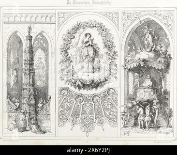 Deux intérieurs d'église et femme entourée de bordure florale, la décoration industrielle. (Titre sur l'objet), trois scènes encadrées, au milieu une femme se tient dans un cadre de fleurs, à droite une chaire peut être vue. En bas à droite : 17., imprimerie, imprimeur : Julienne, (mentionné sur l'objet), après conception par : Julienne, (mentionné sur l'objet), imprimeur : imprimerie Lemercier, (mentionné sur l'objet), imprimeur : Paris, éditeur : Paris, éditeur : Londres, c. 1866 - c. 1900, papier, hauteur, 418 mm × largeur, 290 mm Banque D'Images