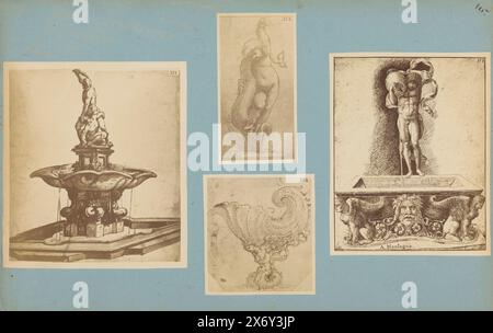 Quatre reproductions photographiques de dessins de fontaines et d'un bol, à gauche (371) une fontaine avec un homme en position d'attaque vers quelqu'un en dessous de lui, en haut au centre (373) une fontaine avec un enfant et un poisson, en bas au centre (374) un bol en forme de coquille soutenu par une figure féminine, à droite (372) une fontaine avec un homme portant un pot d'eau par Andrea Mantegna., photographie, anonyme, après dessin par: Andrea Mantegna, (mentionné sur l'objet), Europe, c. 1875 - c. 1900, carton, impression albumine, hauteur, 316 mm × largeur, 497 mm Banque D'Images