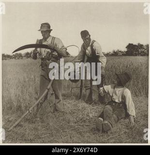 Ouvriers agricoles pendant la récolte d'orge dans le Suffolk, agriculteurs pendant la récolte d'orge dans le Suffolk, dans la récolte d'orge (Suffolk) (titre sur l'objet), empreinte photomécanique, Peter Henry Emerson, (mentionné sur l'objet), anonyme, Editeur : Marston, Searle, & Rivington Sampson Low, (attribué à), Suffolk, éditeur : Great Britain, 1883 - 1888, papier, hauteur, 235 mm × largeur, 243 mm, hauteur, 427 mm × largeur, 343 mm Banque D'Images