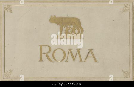 Album photo avec des enregistrements de sites et d'œuvres d'art à Rome, Roma (titre sur objet), album photo en reliure parchemin. Sur la couverture le titre et une image de Romulus et Remus sucés par une louve (le symbole de la ville de Rome), en estampe dorée et en relief. Les couvertures avant et arrière sont décorées de cadres dorés, la colonne vertébrale avec un motif géométrique et de feuilles. Les papiers de fin sont faits de papier gaufré blanc. L'album contient 102 feuilles d'or taillées avec le même nombre de photos. Chaque photo est encadrée et fournie avec une légende imprimée en anglais. Ce sont des enregistrements de vues Banque D'Images