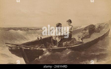 Reproduction photographique d'une peinture d'un homme et d'une femme et d'un homme endormi sur un bateau à rames en mer, des Meeres und der Liebe Wellen (titre sur l'objet), Gallerie Moderner Meister (titre de la série sur l'objet), photographie d'armoire, fabricant : anonyme, après peinture de : Wilhelm Kray, (mentionné sur l'objet), éditeur: Franz Hanfstaengl Kunstverlag A.-G., (mentionné sur l'objet), fabricant : Allemagne, éditeur : München, c. 1885 - c. 1910, carton, impression albumine, hauteur, 87 mm × largeur, 140 mm Banque D'Images