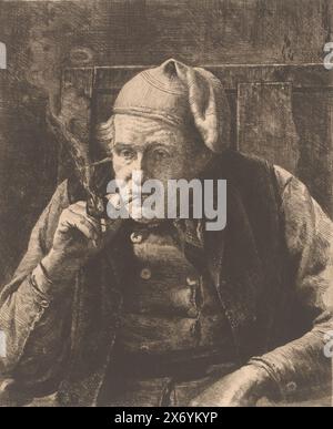 Pipe fumant vieil homme avec bouchon de nuit, le vieux fumeur, estampe, imprimeur : Charles Boom, (signé par l'artiste), 1880, papier, gravure, pointe sèche, hauteur, 318 mm × largeur, 237 mm Banque D'Images