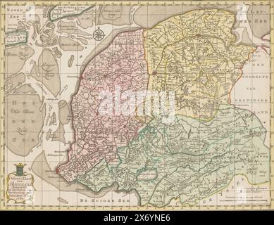 Carte topographique de la Frise, 1781, Nouvelle carte de LA FRISE (titre sur l'objet), carte topographique de la province de Frise avec la mer des Wadden en haut et les îles en haut à gauche ; Terschelling et Vlieland. En bas à gauche un cartouche avec le titre de l'impression et en bas à droite l'échelle et une légende. Il y a une division de degré le long des bords de l'impression et une rose de boussole au centre en haut., impression, imprimeur : Abraham van Krevelt, (mentionné sur l'objet), Amsterdam, 1781, papier, gravure, hauteur, 345 mm × largeur, 437 mm Banque D'Images