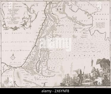 Carte du Royaume d'Israël, 1758, la IVe carte montrant le Royaume d'Israël sous sa domination paysages sous le règne des rois Saul, David et Salomon (titre sur objet), carte du Royaume d'Israël, le Royaume qui a vu le jour quand Saul est devenu roi du peuple d'Israël a été oint. En bas à droite, Saul intronisé, entouré de serviteurs., imprimeur, imprimeur : Otto Lindeman, (mentionné sur l'objet), Wilhelm Albert Bachiene, (mentionné sur l'objet), éditeur : Abraham van Paddenburg, (mentionné sur l'objet), imprimeur : Almelo, Culemborg, éditeur : Utrecht, Editeur : Utrecht Banque D'Images