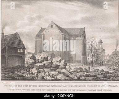 Tour effondrée en Westzaan, ruines de la tour en Westzaan qui s'est effondrée le 1er janvier 1843. Par ce désastre une maison avec un mari, une femme, un serviteur et cinq enfants ont été écrasés (titre sur l'objet), devant l'église de Westzaan se trouvent les fragments de la tour qui s'est effondrée le 1er janvier 1843. A gauche une maison en bois, à l'arrière-plan l'hôtel de ville., imprimerie, imprimeur : Herman Thepass, (mentionné sur l'objet), pays-Bas, 1843 - 1847, papier, hauteur, 243 mm × largeur, 335 mm Banque D'Images