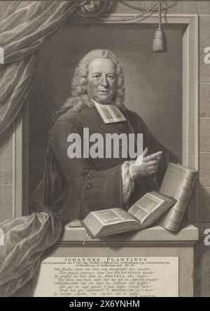 Portrait de Johannes Plantinus à l'âge de 61 ans, avec huit vers en néerlandais., estampe, imprimeur : Pieter Tanjé, (mentionné sur l'objet), d'après son propre dessin par : Pieter Tanjé, (mentionné sur l'objet), d'après peinture par : Jan Maurits Quinkhard, (mentionné sur l'objet), Amsterdam, 1752, papier, gravure, gravure, hauteur, 350 mm × largeur, 255 mm Banque D'Images